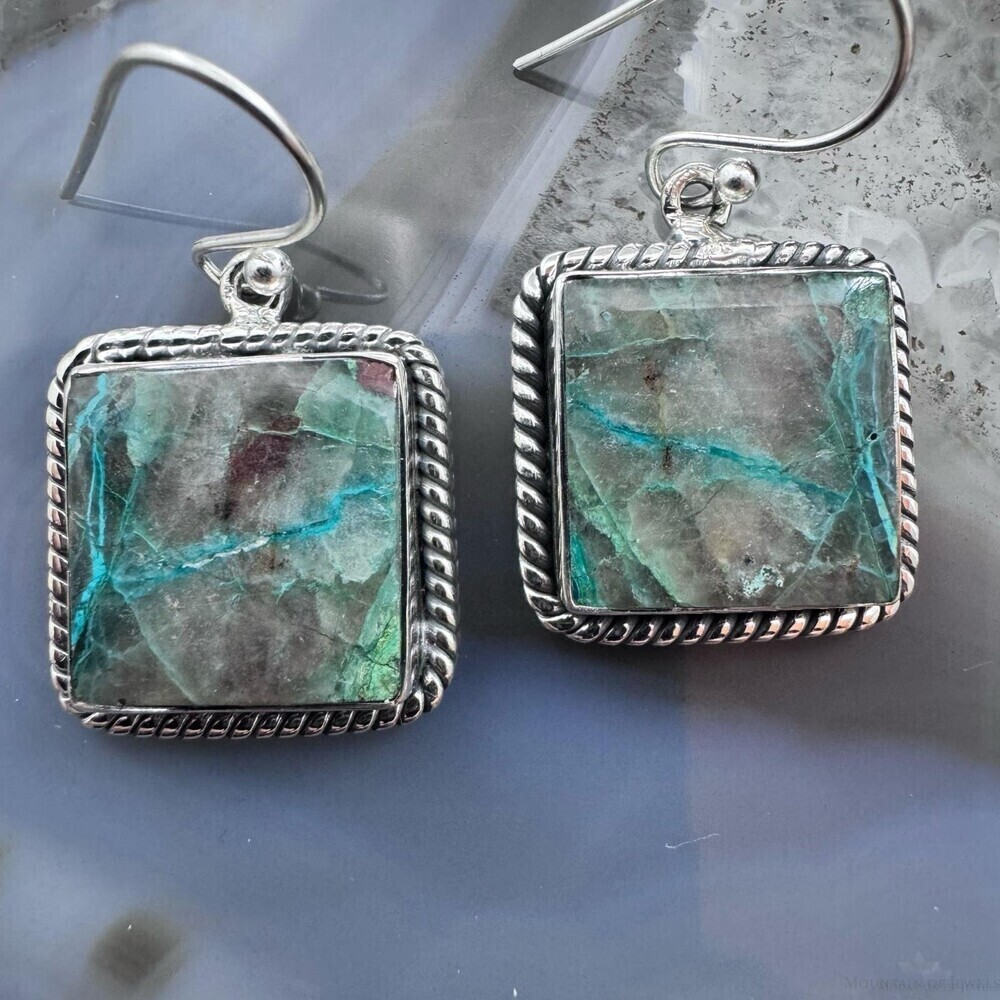 Sterling Southwestern Style Square Green Shattuckite Dangle Earrings For Women